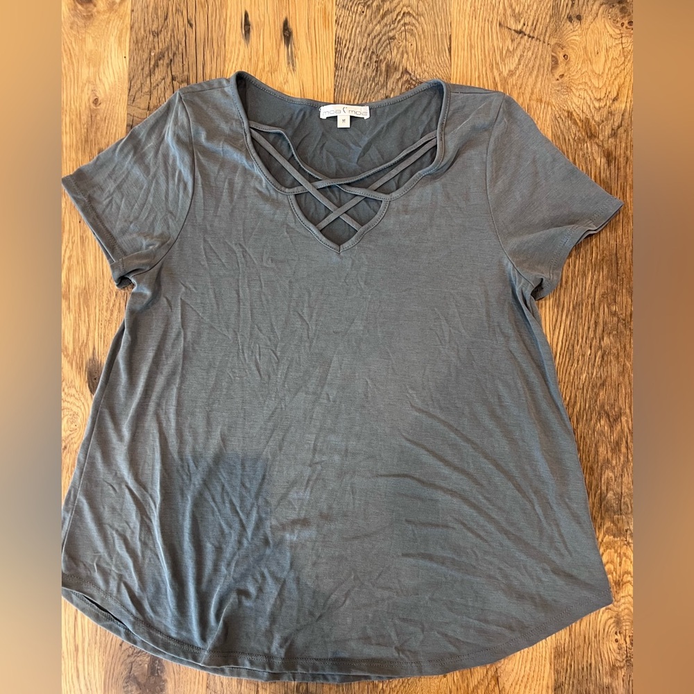 Moa Moa Strappy Charcoal Crisscross V-Neck Tee